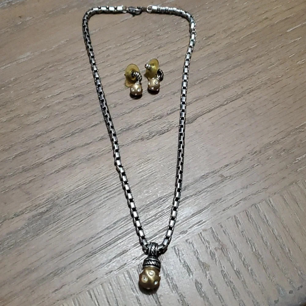 Silver hue chain with gold tone circular pendant with sparkle, earrings to match